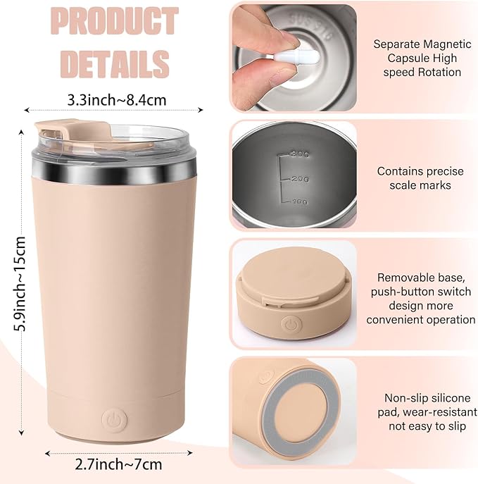 hatisan Self Stirring Coffee Mug With Lid Electric High Speed Self Stirring Mug 400ml Rechargeable Detachable Stainless Steel Self Stirring Cup for Coffee, Milk, Cocoa Christmas Gift(Apricot)