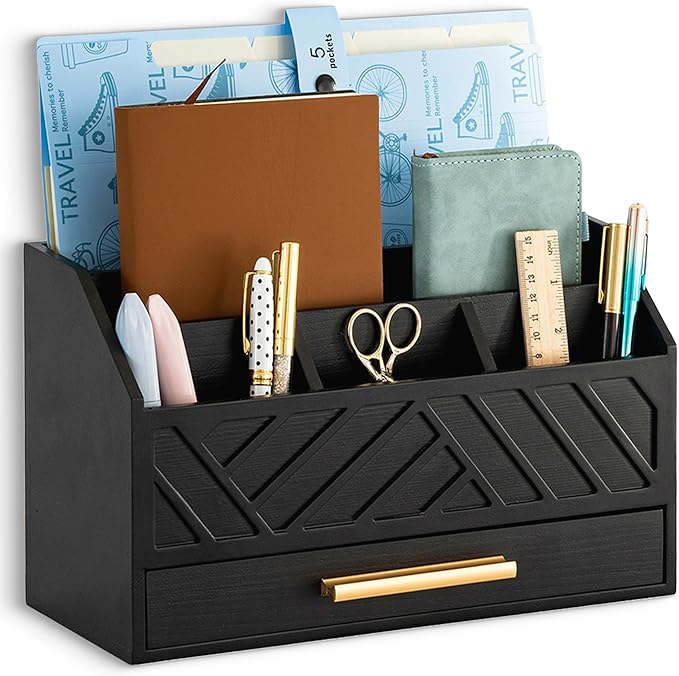 Black Wood Desk Organizer and Accessories with Drawer, Bill Mail Organizer and File Mail Holder for Office Supplies, Modern Desk Accessories & Workspace Organizers for Desk Organization