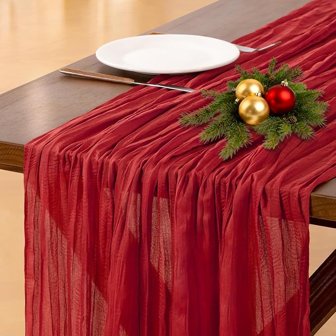 Socomi Red Fall Thanksgiving Cheesecloth Table Runner Boho Rustic Gauze 120 inch 10FT Cheese Cloth Runner for Wedding Party Baby Shower Birthday Home Decor Holiday Decorations