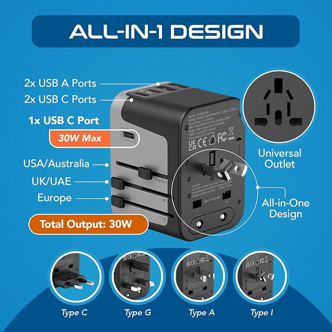 Universal Travel Power Adapter, Ceptics 6 in 1 Worldwide International Wall Charger with 2X USB-A - 3X USB-C 6A, Travel Power Adapter for for USA EU UK AUS Mobiles Laptops Cameras, UP-30KU-BL