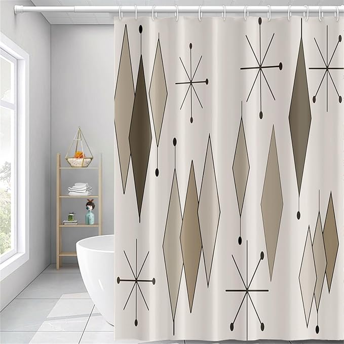 Boho Light Grey Brown Shower Curtain Abstract Mid Century Diamond Geometric Atomic Starburst Pattern Beige for 1950s Retro Bathroom Decor Shower Curtain Set with 12 Hooks, 65x72 Inches