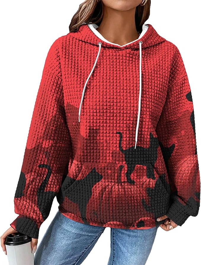 Halloween Sweatshirts for Women Novelty Graphic Drawstring Waffle Hoodies Loose Casual Pullover Tops with Pocket