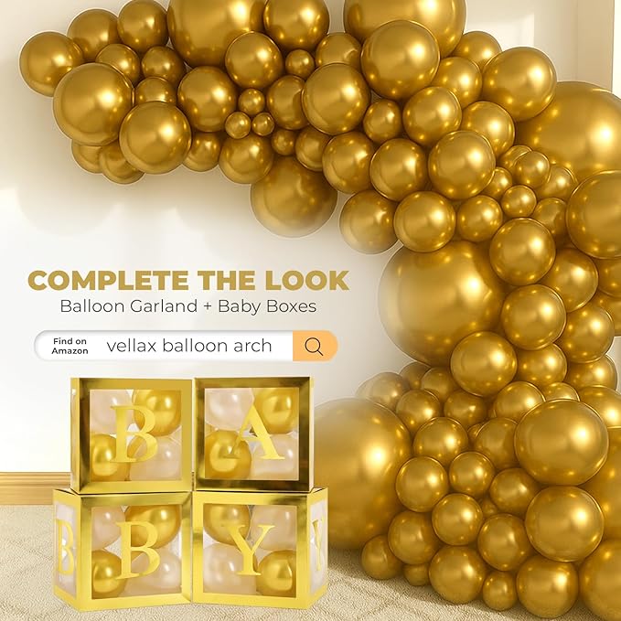 Baby Shower Boxes with Letters – Gold Boxes with Gold & White Balloons – 44-Piece Gender Reveal & Party Decoration Set by Vellax