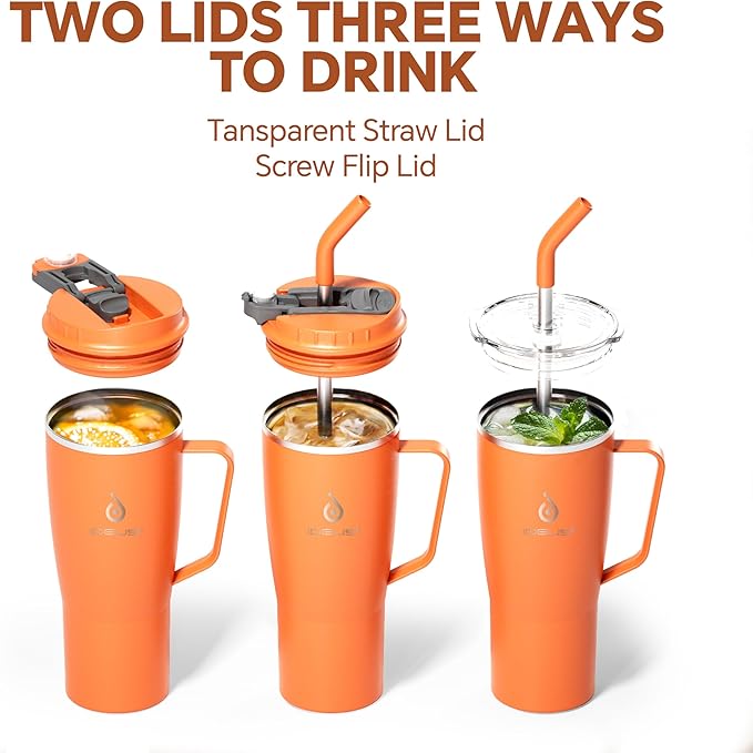 Ideus 32 oz Tumbler with Handle and Straw, Vacuum Insulated Stainless Steel Travel Mug, 100% Leakproof, Cup Holder Friendly, Orange