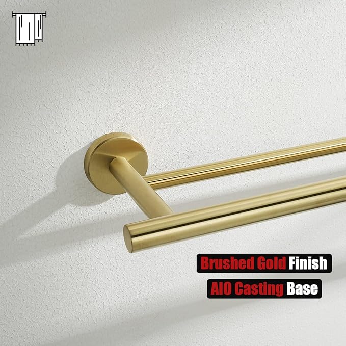 JQK Double Towel Bar 27 Inch, Brass Gold Useable Length 24 Inch 304 Stainless Steel Thicken 0.8mm Bath Towel Rack for Bathroom, Towel Holder Wall Mount 2 Pack, TB100L24-BG-P2