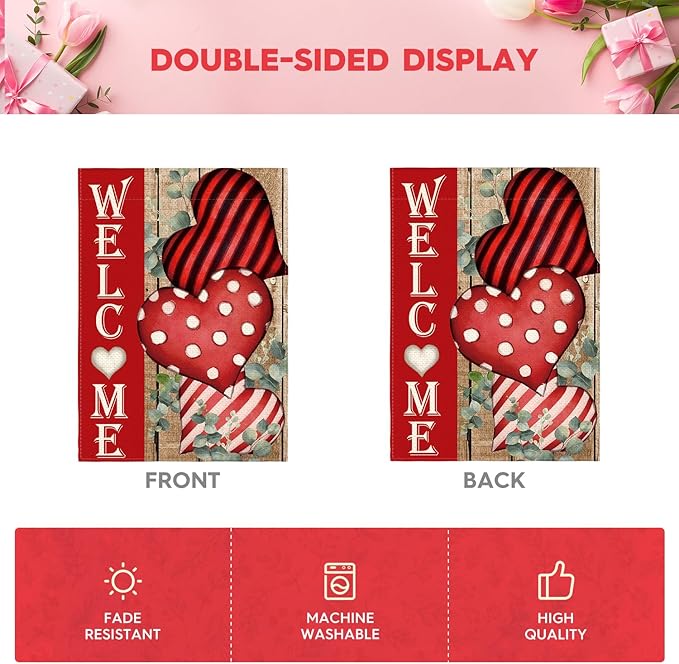 AVOIN colorlife Valentines Day Welcome Garden Flag 12x18 Inch Double Sided, Anniversary Love Heart Rustic Yard Outdoor Decoration