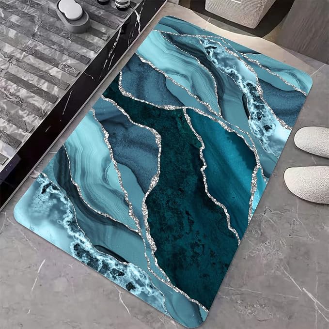 Diatomaceous Earth Bath Mat,Blue and Silver Marble Non-Slip Volume Super Absorbent Fast Drying for Bathroom Kitchen Door mat,Eco-Friendly Easy to Clean 16×24Inch (40 * 60cm)