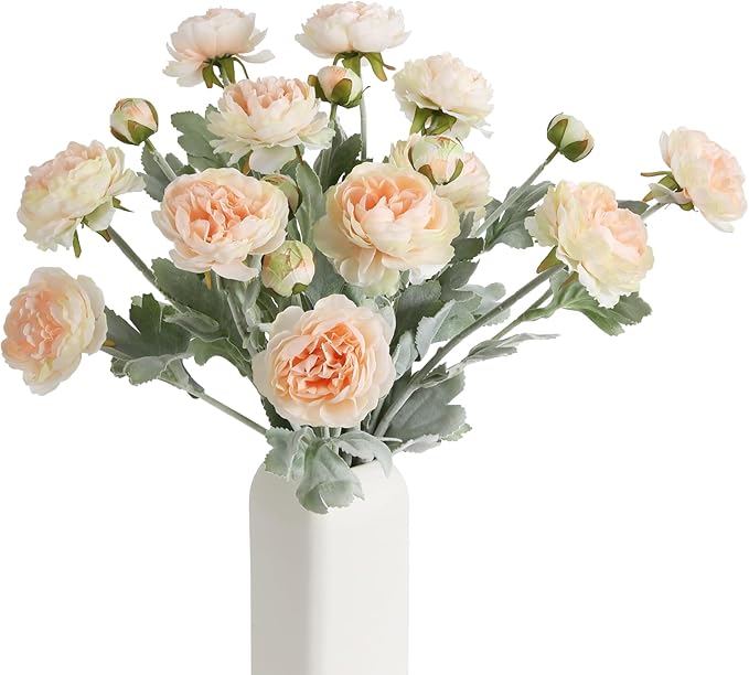 IPOPU Champagne Fake Peonies Artificial Ranunculus Flowers 6pcs 18Heads Champagne Silk Flowers 20.47" Artificial Flowers Bulk for Faux Floral Arrangements Home Table Decor