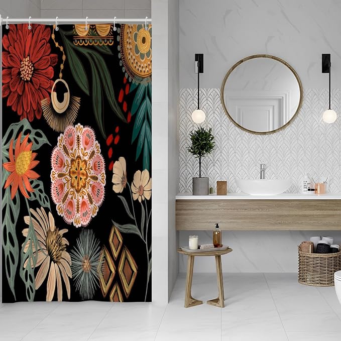 Black Boho Floral Shower Curtain Abstract Botanical Mid Century Modern Bathroom Decor Tropical Flower Shower Curtain with 10 Hooks,54x72 inches