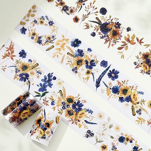 WT PET Tape, Floral Sunflower & Navy Design, Wide Decorative Craft Tape, Single Roll, Clear Transparent Tape for Bujo Planner & DIY Scrapbooking Supplies