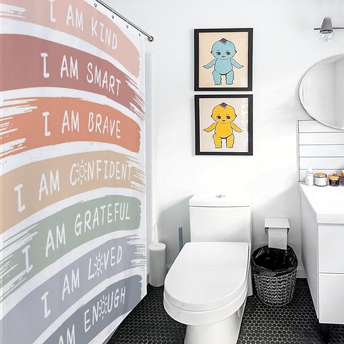 Boho Rainbow Shower Curtain, Cute Inspirational Motivational Quotes Cartoon Rainbow Colorful Pastel for Kids Girls Baby Waterproof Fabric Bathroom Shower Curtain Set with Hooks,72"x84" Inch
