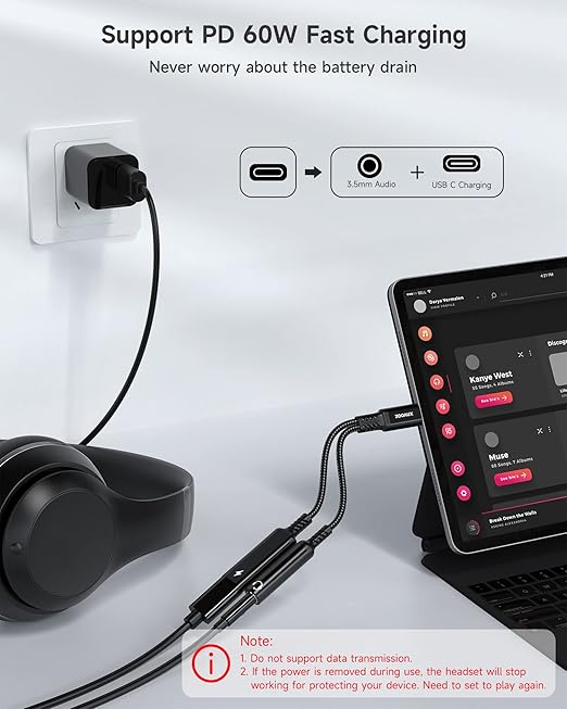 ZOOAUX USB C to 3.5mm Headphone and Charger Adapter, 2-in-1 USB Type C to Aux Audio Jack Splitter, PD 60W Fast Charging Dongle for iPhone 17/16/15, Galaxy S25/S24/S23, iPad Pro, Pixel (Black)
