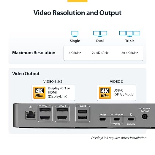 StarTech.com Triple Monitor USB-C Docking Station, 4K 60Hz DisplayLink Dock for MacBook M1 M2 M3 M4 & Windows, 2.5GbE, 2X HDMI & 2X DP, 140W Laptop Charging, USB-C DP Alt Mode - TAA