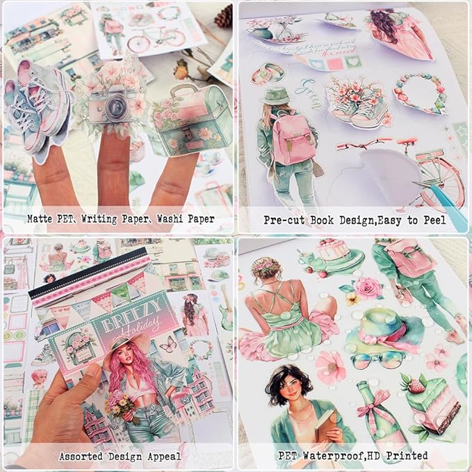 Dwpetzo Breezy Holiday Scenery Pre-Cut Journal Sticker Book for Women Journaling, Assorted Materials Paper PET Washi Stickers for Scrapbooking, Junk Journal Supplies, Planner, Collage, Crafts Arts