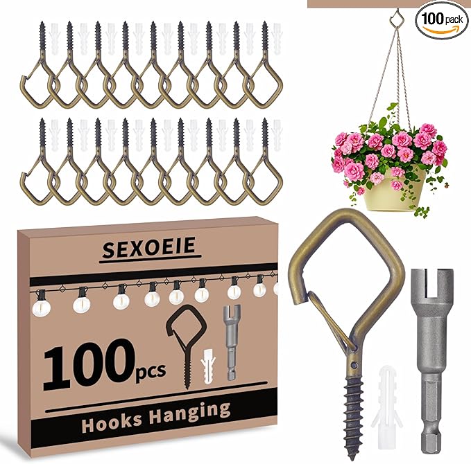 Sexoeie 100 PCS Bronze Eye Screw Hooks for Hanging Heavy Duty with Safety Buckle.Metal Ceiling Hooks for Hanging Plants Cup Wind Chime Bird Feeders Patio Lights at Indoor&Outdoor