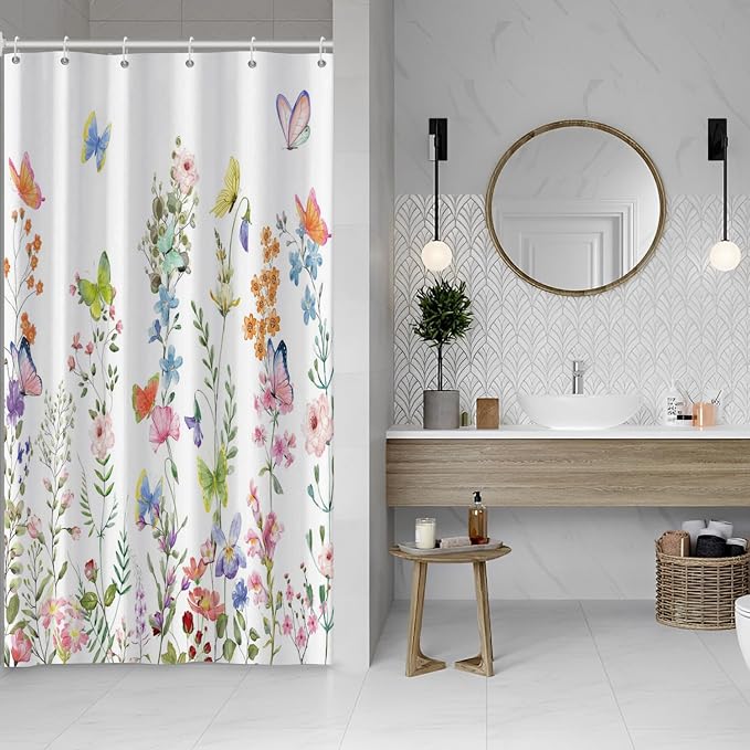 Spring Floral Butterfly Shower Curtain Summer Colorful Wildflowers Botanical Shower Curtain for Rustic Vintage Bathroom Decor Easter Shower Curtain Set 54x78 Inches