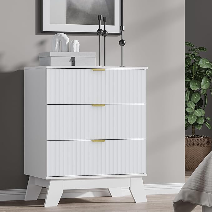 BORNOON Fluted 3 Drawer Dresser, 30.3" Tall Compact Modern Boho Chest of Drawers, Wooden Storage Cabinet for Bedroom, Living Room, Entryway, Curved Profile Design