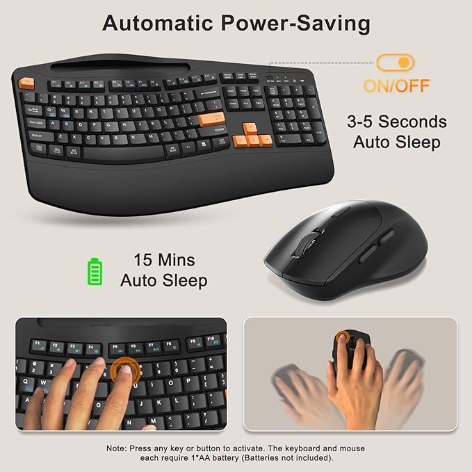 Wireless Keyboard and Mouse Combo, 2.4G Full Size Wave Keys Ergonomic Keyboard with Wrist Rest, Phone Holder, 3-Level DPI Wireless Silent Mouse with 6-Buttons, for Windows/Mac OS/Laptop(Orange Black)