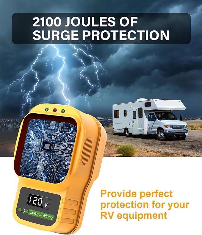 30 Amp RV Surge Protector with Display Screen, Real-Time Voltage Monitor, Circuit Analyzer, 30A Male to Female Plug, 2100 Joules Surge Protection, LED Indicator Lights for Camper & Travel Trailer