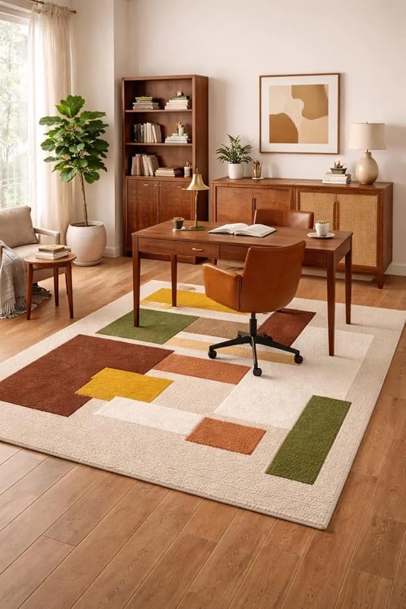 Hand Tufted Wool Geometric Rug-Mid-Century Modern Abstract Geometric Wool Earth Tone Green, Mustard & Terracotta Rug - Handmade Tufted Area Rug for Home Decor (7x10 Square Feet)
