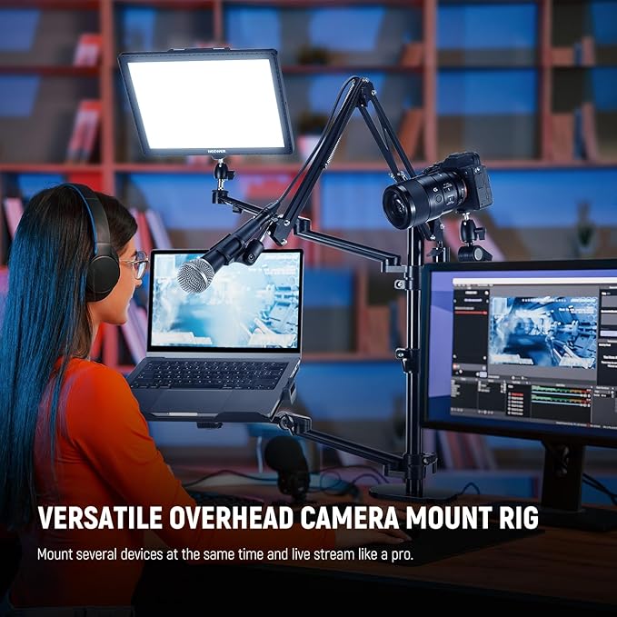 NEEWER Overhead Camera Stand Desk Mount Rig with 4 Boom Arms for Photography Video Light Ring Light Phone Mount Webcam Mic Compact DSLR for Live Streaming Broadcast Online Teaching Meeting, DS007
