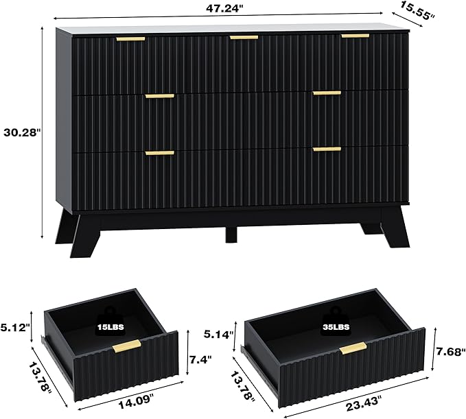 HUANLEGO Fluted Dresser for Bedroom with 7 Drawer, Mid Century Modern Chest of Drawers, 48" Wide Natural Wood Dresser for Closet, Wooden Boho Chest Closet Storage TV Stand for Bedroom, Black