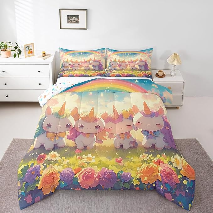Unicorn Full Size Comforter Set,Reversible Cute Unicorn Rainbow Cartoon Horse Animal Bedding Comforters Bedroom Collection,Kawaii Style Flowers Galaxy Cloud Bedding Set for Girls Teens