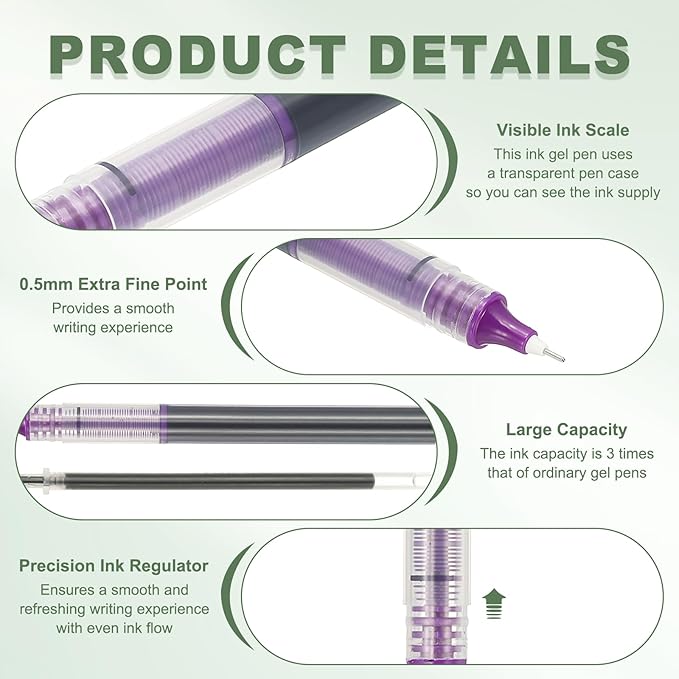 PATIKIL 6Pcs Colored Gel Ink Pens, 0.5mm Extra Fine Point Smooth Writing Japanese Quick Drying Liquid Ink Rollerball Pens for Office Stationery Classroom Teachers, Purple