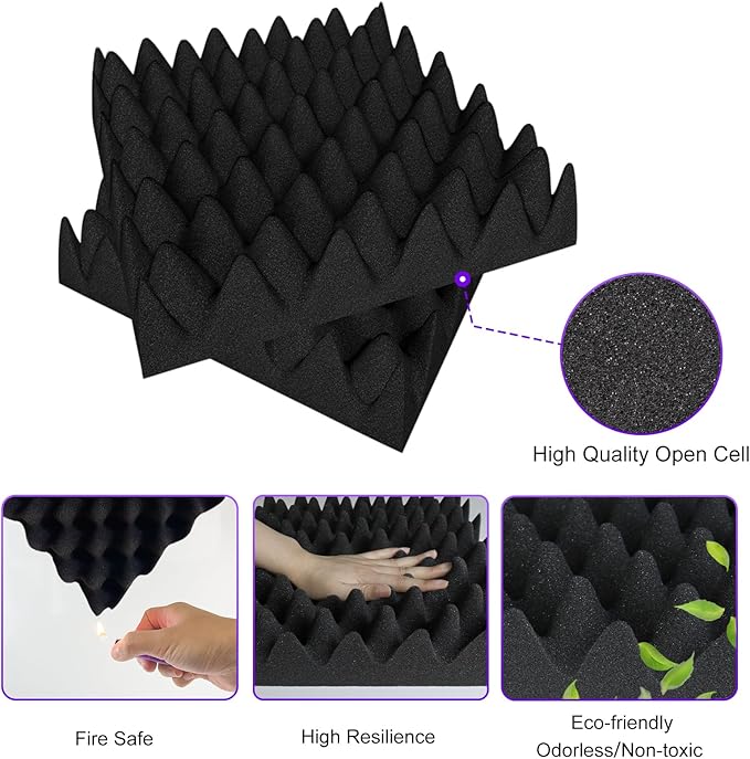 TroyStudio Thick Acoustic Foam Panels, 12 X 12 X 3 Inch 12 Pcs Broadband Sound Absorbing Foam, Dense Soundproof Padding Tile, Recording Studio Foam Absorber, Eggcrate Decorative 3D Wall Ceiling Panel