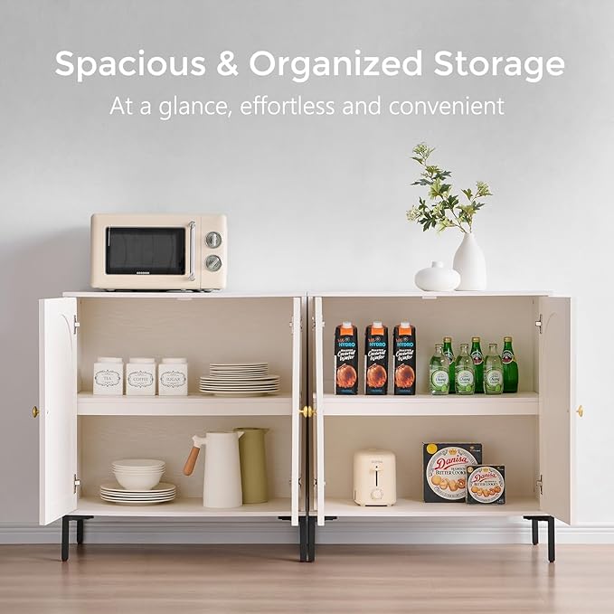 Modern Buffet Cabinet with Storage, 61.75" W Fluted Arched Sideboard Cabinet w/Adjustable Shelves, Wooden Modular Coffee Bar for Dining Room, Kitchen, Living Room, Entryway, White