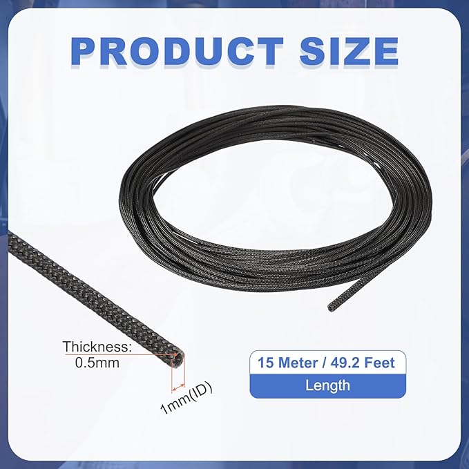 uxcell Insulation Cable Protector,1mm/0.04 Inch-15m/49 Feet High Temp Fiberglass Sleeve Black