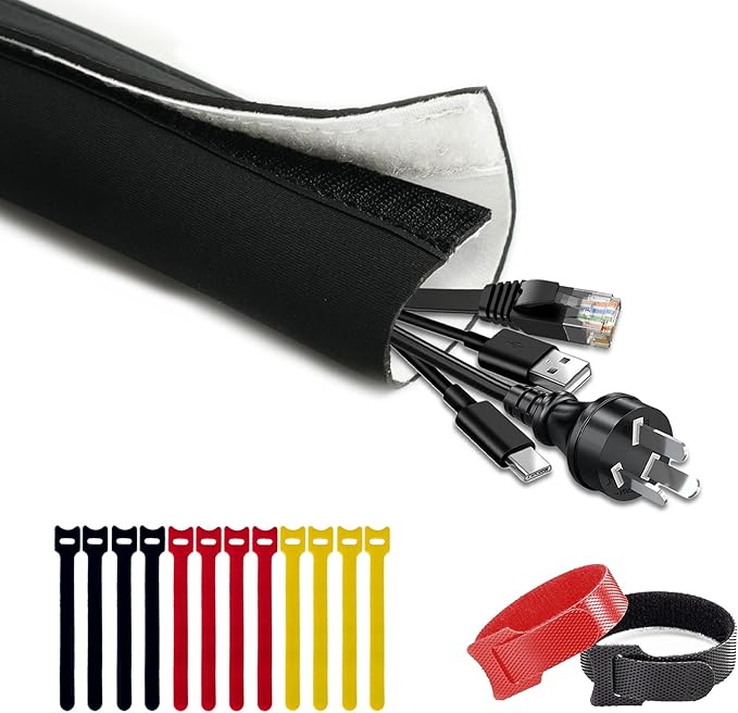 Cable Management Sleeve 5ft (60 inch) - 1.5 inch, 2-Pack, Hook-and-Loop Cuttable Neoprene Cord Organizer, Split Wire Reversible Cord Protector for TV USB PC Ethernet Cable Hider Protect Pets Kids
