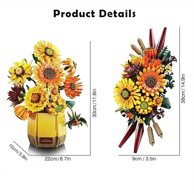 2 in 1 Sunflower Building Blocks Set with Vase, Botanical Collection Artificial Flowers Compatible with Lego for Adults, Gift for Christmas Home Décor Flower Table Centerpiece