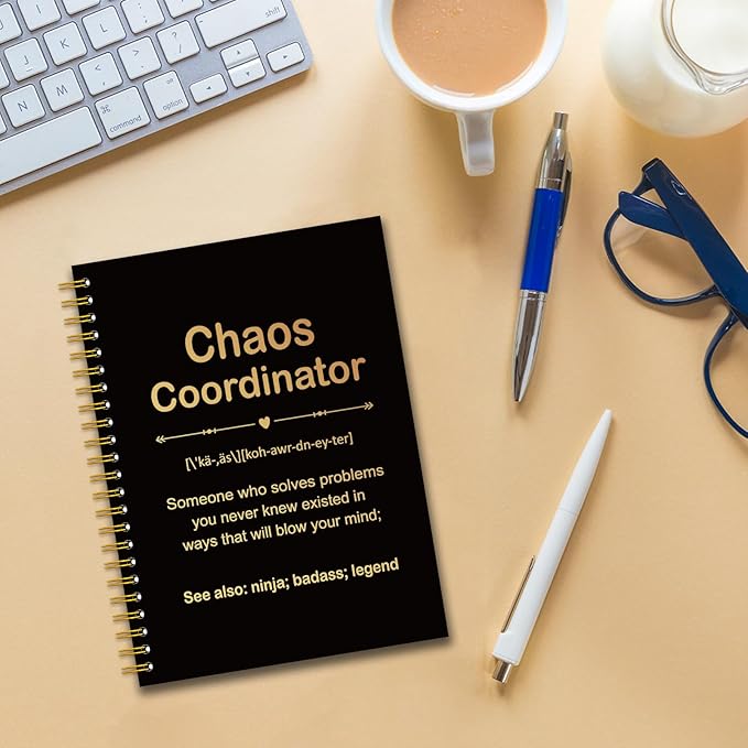 YAZMEEN Chao Coordinator Black Gold Spiral Notebook（160 Pages） Chao Coordinator Definition Hardcover Notebook Employee Appreciation Gift Office Humor Gift Funny Birthday Gift for Teacher Boss Leader