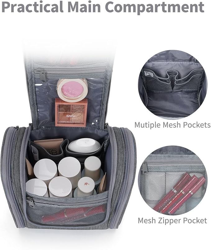 Narwey Small Hanging Toiletry Bag Women Travel Makeup Bag Organizer Toiletries Bag for Travel Size Essentials Accessories Cosmetics (Medium, Grey)