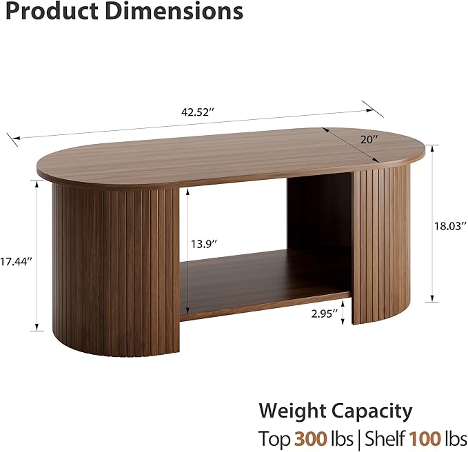 OneBlis Oval Fluted Coffee Table, 2-Tier Center Table with Large Storage, Mid-Century Modern Wood Coffees Table for Living Room, Home Office, Small Space, Walnut
