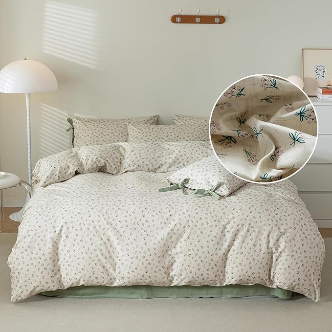 Full Comforter Set Vintage Green Floral Bedding Comforter Boho Flower Cottagecore Comforter with 2 Bow Ties Pillowcases Fluffy Lightweight Bedding Farmhouse Botanical Comforter Set