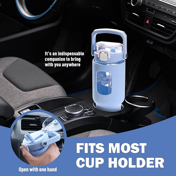 BLUEGO 40oz Glass Tumbler with Lid and Straw, Glass Water Bottles with Handle, Glass Cup with Time Marker and Silicone Sleeve, Fits Most Cup Holder, Leak-proof, Blue