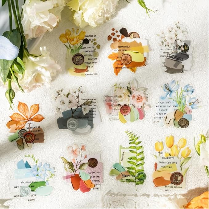 Dwpetzo 6 Assorted Watercolor Mixed Floral Leaf Collage Stickers for Journaling, 120Pcs Decorative Background PET Stickers for Scrapbooking, Junk Journal Supplies, Card Making