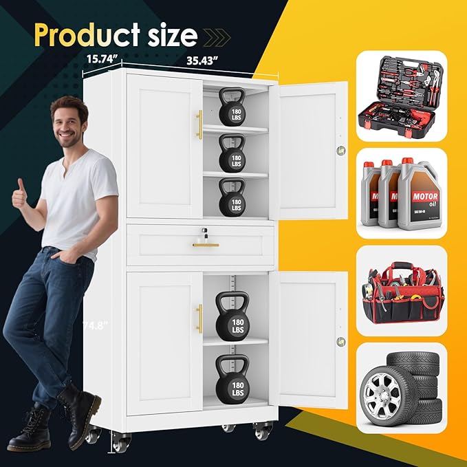 Metal Tall Storage Cabinet with Drawer, Garage Storage Cabinet with Locking Doors and 3 Adjustable Shelves, 71" H Steel Cabinets for Garage, Home, Office, White, Assembly Required