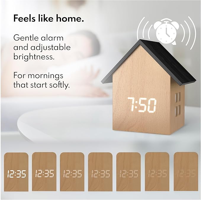 Driini Digital House-Shaped Alarm Clock with Temperature Display (Light Wood) – Modern Aesthetic - Cute Cube Frame and White LED Dimmer - Perfect Large Desk Clock for Bedside Table or Bedroom Mantle