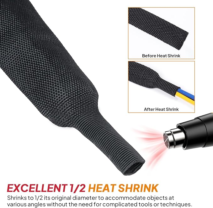 Black 2:1 Ratio Automotive Heat Shrink Braided Sleeving,Wear-Resistant Flat Woven Shrinkable Sleeve Fabric Car Cable Wires Hoses Protection (1-1/8"-19ft)