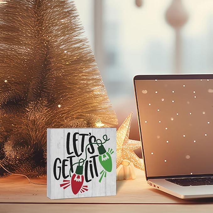 Christmas Decorations for Home Let's Get Lit Decor Christmas Decorations for Home Office Table Merry Xmas Decor for Room 5 x 5 Inches