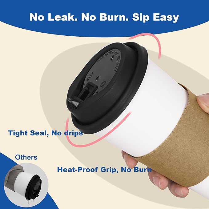 Coolcap 20 oz 500 Pack Coffee Cups with Lids and Sleeves, Straws, Hot Disposable To Go Travel Paper Cups Bulk for Office, Home Coffee Bar Accessories, Chocolate, Cocoa, Beverage (White)