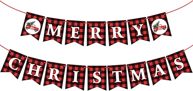 KatchOn, Merry Christmas Banner for Mantle- Large, 10 Feet, No DIY | Red and Black Christmas Fireplace Banner | Buffalo Plaid Christmas Decorations Indoor | Xmas Party Decorations | Xmas Decorations