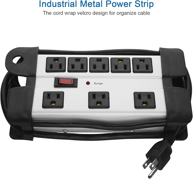 Heavy Duty Surge Protector for Appliances, 8 Outlet Workshop Power Strip with 1200 Joules, Metal with 6FT Extension Cord and Wide Spaced. Grey