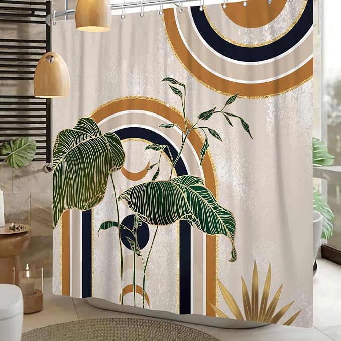 Green Brown Boho Shower Curtain Mid Century Abstract Plant Tropical Leaves Bath Curtain Modern Minimalist Geometric Arch Bath Decor Waterproof Polyester Fabric with Hooks 60x72 inch