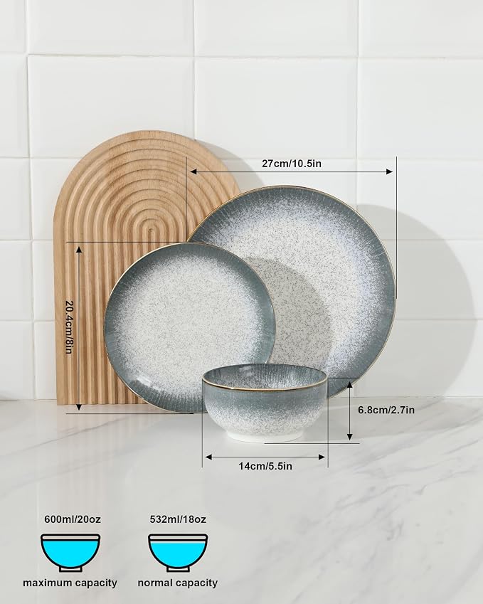 Sweejar 24 Piece Dinnerware Sets for 8, Porcelain Plates and Bowls Set for Kitchen, Housewaring Gift, Chip and Scratch Resistant, Easy Cleaning Dishes Set, Stack Compactly Dishware, LightGray
