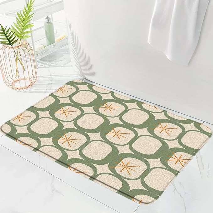 Mid Century Modern Bath Mat Abstract Atomic Geometric Retro 1950s Sage Green Bathroom Kitchen Toilet Rugs,20x31 Inch