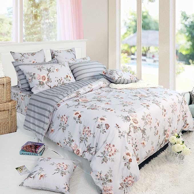 FADFAY Duvet Cover Set Twin XL Elegant Floral College Bedding Shabby Grey Bird Print Flower Quilt Cover Set 100% Cotton Soft Comforter Cover Set with Zipper Closure 3Pcs, Twin XL Size for Dorm Room
